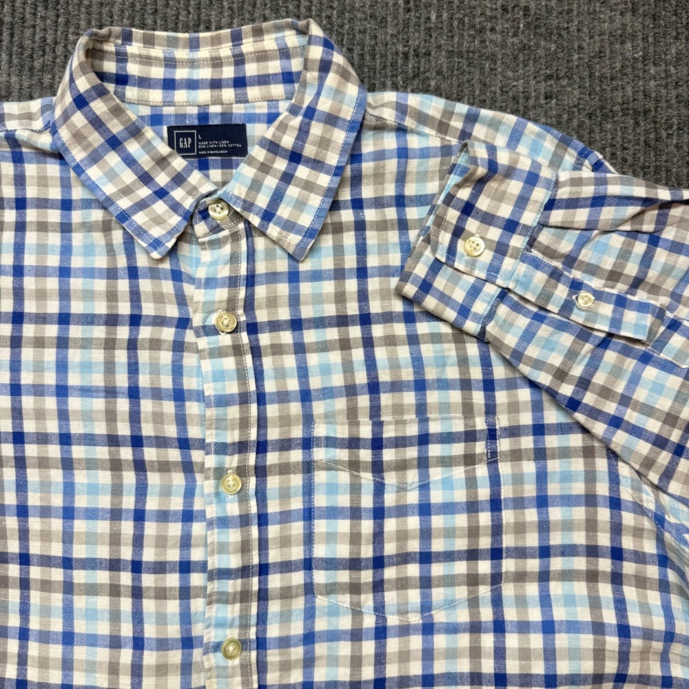 Gap Plaid Button Down Shirt Mens L Blue Gray Linen Cotton‎ Blend Long Sleeve
